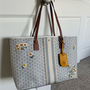Tory Burch Embroidered Daisy Tote Bag - Gray and Brown
